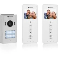 Système D’interphone Vidéo Smartwares DIC-22122 – 480p – Écran LCD De 3,5” (8,9 Cm) – Caméra Panoramique / Inclinaison à 15° – Facile à Installer – Étanche – 12 Mélodies – Vision Nocturne – Kit Pour 2
