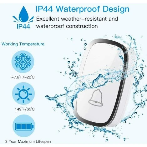Sonnette Sans Fil, Sonnette De Porte Étanche à 300 Mètres De Portée, Carillon Sans Fil Avec 1 Transmetteur Et 1 Récepteur Enfichable Et 36 Sonneries 4 Niveau Volumes Pour Maison, Bureau, Magas Carill 5 Sonnette Sans Fil, Sonnette De Porte Étanche à 300 Mètres De Portée, Carillon Sans Fil Avec 1 Transmetteur Et 1 Récepteur Enfichable Et 36 Sonneries 4 Niveau Volumes Pour Maison, Bureau, Magas Carill – Image 3