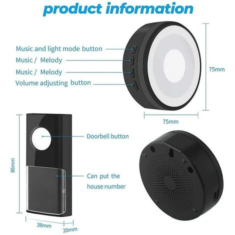 Sonnette Sans Fil, Sonnette étanche Ip55 Alimentée Par USB Avec Veilleuse, Volume De 5 Niveaux 4 Sonnette Sans Fil, Sonnette étanche Ip55 Alimentée Par USB Avec Veilleuse, Volume De 5 Niveaux – Image 2