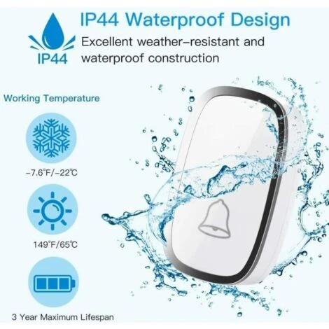 Sonnette Sans Fil, Sonnette De Porte Étanche à 300 Mètres De Portée, Carillon Sans Fil Avec 1 Transmetteur Et 1 Récepteur Enfichable Et 36 Sonneries 4 Niveau Volumes Pour Maison, Bureau, Magas Carillo 5 Sonnette Sans Fil, Sonnette De Porte Étanche à 300 Mètres De Portée, Carillon Sans Fil Avec 1 Transmetteur Et 1 Récepteur Enfichable Et 36 Sonneries 4 Niveau Volumes Pour Maison, Bureau, Magas Carillo – Image 3