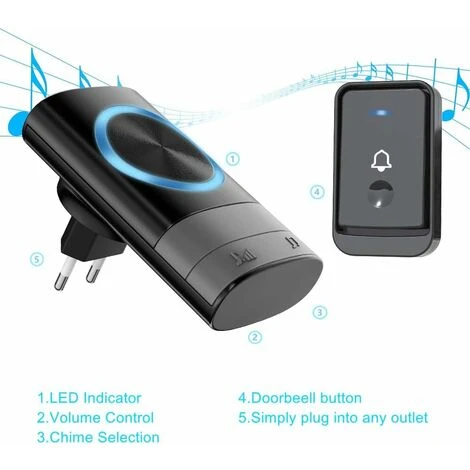 Sonnettes Sans Fil, 45 Mélodies 5-Niveaux Volum Et, IP55 Étanche Carillon Sans Fil, Kit De Carillon Avec 300 Mètres, LED Flash, 2Récepteur Enfichables 5 Sonnettes Sans Fil, 45 Mélodies 5-Niveaux Volum Et, IP55 Étanche Carillon Sans Fil, Kit De Carillon Avec 300 Mètres, LED Flash, 2Récepteur Enfichables – Image 3
