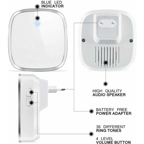 Sonnette Sans Fil Etanche, Sonnette De Porte Extérieur à 300m De Portée, 2 Emetteur & 1 Récepteurs, Kit De Carillon Sans Fil Avec LED Flash, 36 Mélodies, 4 Niveau Volume, Pour Maison, Bureau 6 Sonnette Sans Fil Etanche, Sonnette De Porte Extérieur à 300m De Portée, 2 Emetteur & 1 Récepteurs, Kit De Carillon Sans Fil Avec LED Flash, 36 Mélodies, 4 Niveau Volume, Pour Maison, Bureau – Image 4